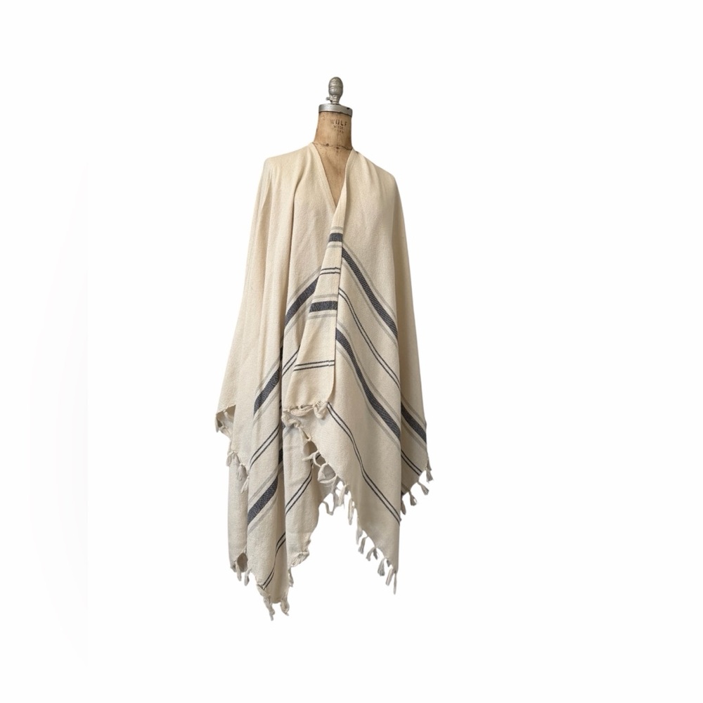 Frame Beach Cream With Navy and Gray Stripe Blanket Shawl Baby Alpaca O/S